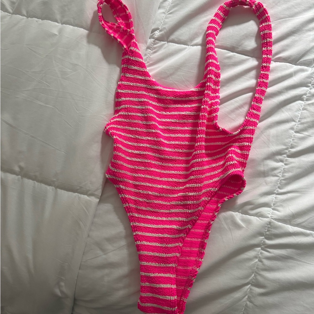 bond-eye Pink and White Striped One Piece Swimsuit